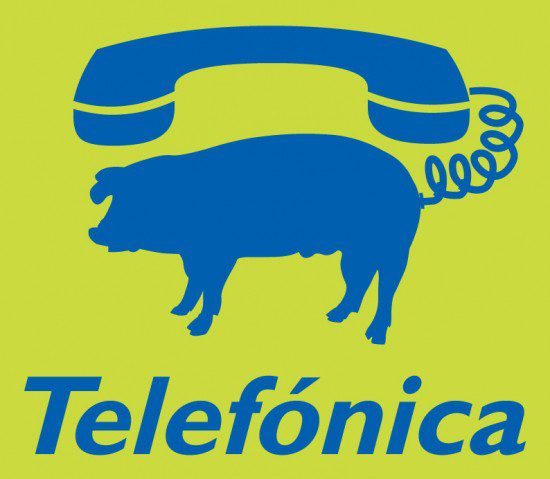 Telefonica logo with a surprising pig on a phone.