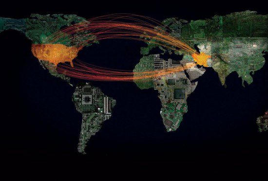 an image of a world map with cyberwar implications shown through connected wires.