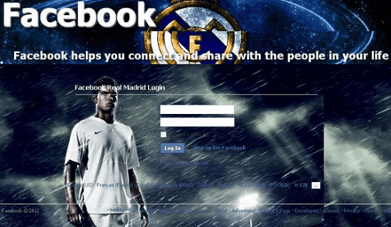 A facebook page promoting Real Madrid Fans with a soccer player in the background.