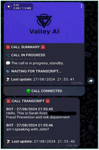Example of Call Summary through Telegram from AI-Powered Vishing Service